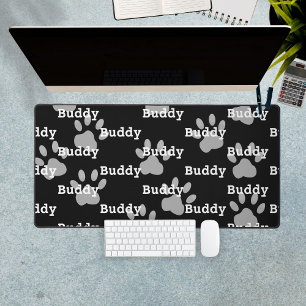 Black White Paw Prints Personalized Dog Name Desk Mat