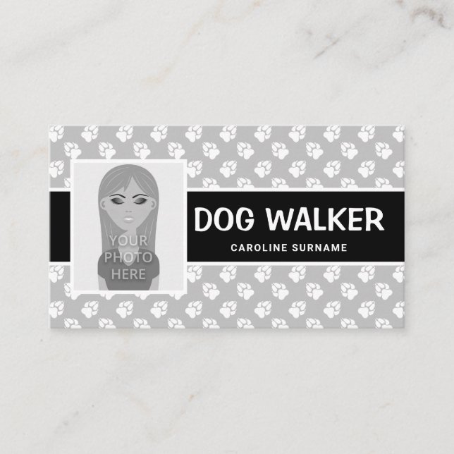 Black & White Paws And Photo Template - Dog Walker Business Card (Front)