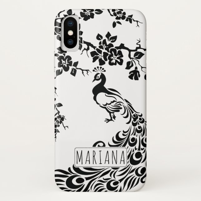 Black, white peacock & cherry blossoms art nouveau Case-Mate iPhone case (Back)