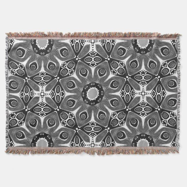 Black White Peacock Circle Woven Throw Blanket (Front)