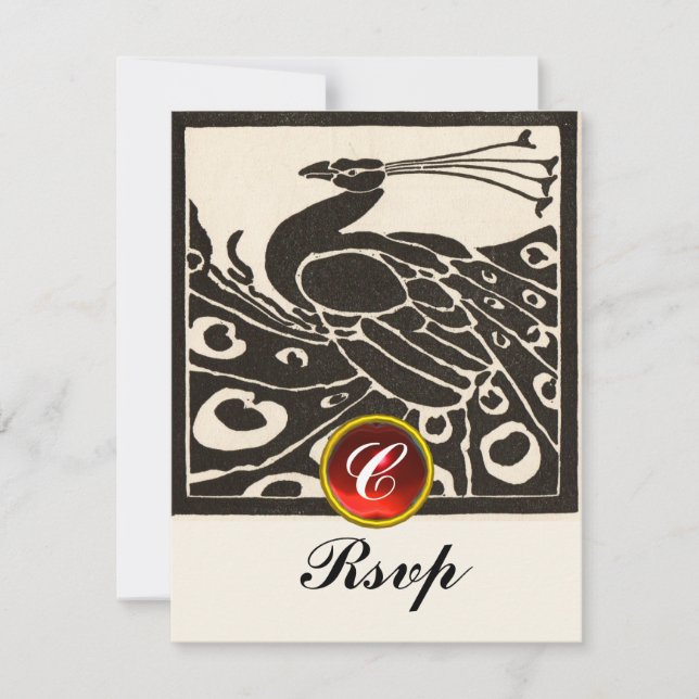 BLACK WHITE PEACOCK,RED RUBY GEM MONOGRAM Rsvp Invitation (Front)