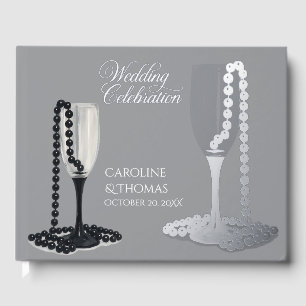 Black & White Pearl Champagne Glass Wedding Guest Book