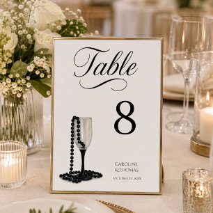 Black & White Pearl Champagne Glass Wedding Table Number