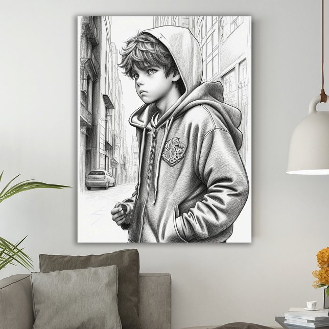Black & White Pencil Drawing Boy AI Generated Art  Poster (Creator Uploaded)