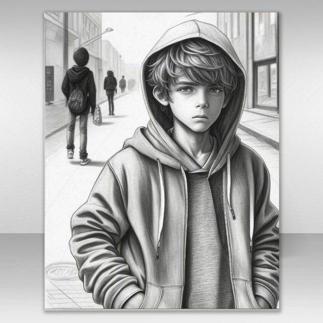 Black & White Pencil Drawing Sad Boy AI Art Poster (Creator Uploaded)