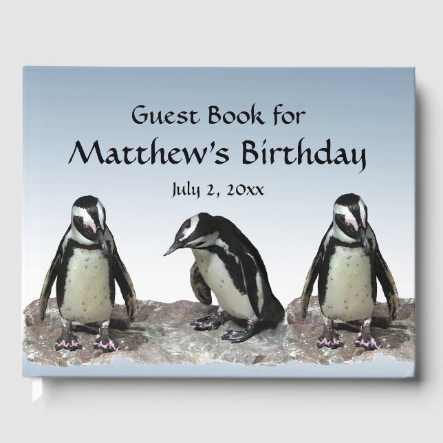Black White Penguin Bird Birthday Party Guest Book (Front)