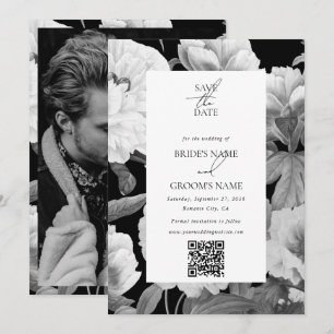 Black & White Peonies Floral Wedding Photo Save The Date