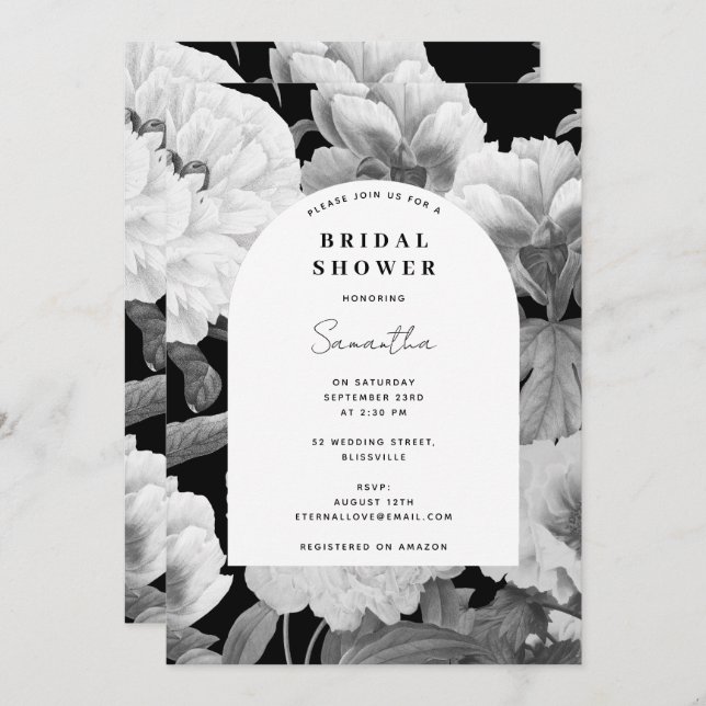 Black White Peonies Watercolor Bridal Shower Invitation (Front/Back)