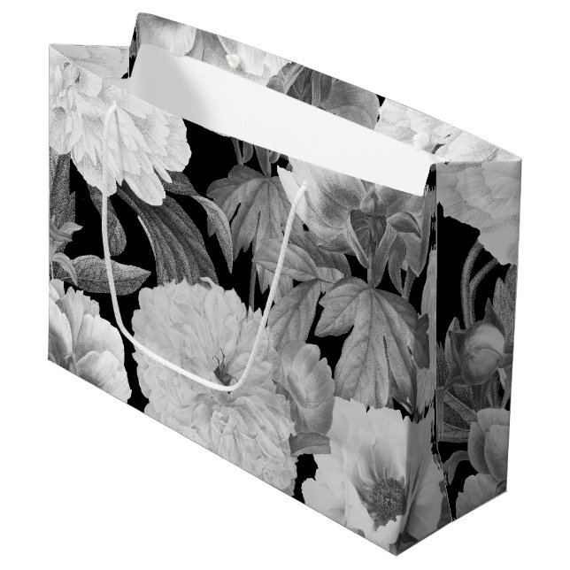 Black & White Peonies Watercolor Floral Large Gift Bag (Front Angled)