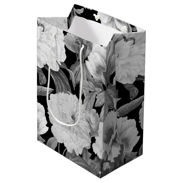 Black & White Peonies Watercolor Floral Medium Gift Bag (Front Angled)