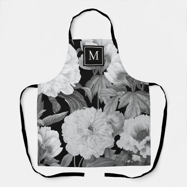 Black & White Peonies Watercolor Floral Monogram Apron (Front)