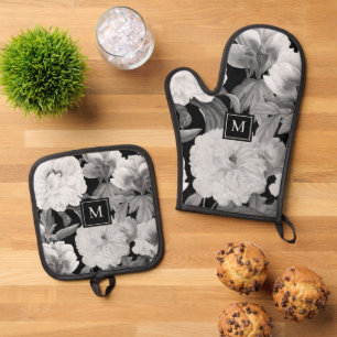 Black & White Peonies Watercolor Floral Monogram Oven Mitt & Pot Holder Set