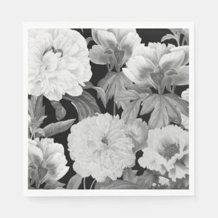 Black & White Peonies Watercolor Floral Napkin