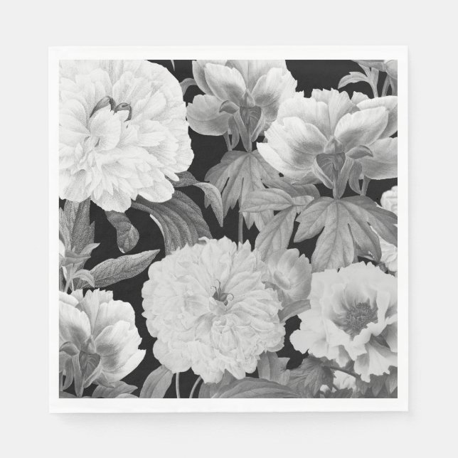 Black & White Peonies Watercolor Floral Napkin (Front)