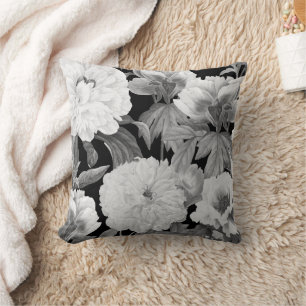 Black & White Peonies Watercolor Floral Throw Pillow