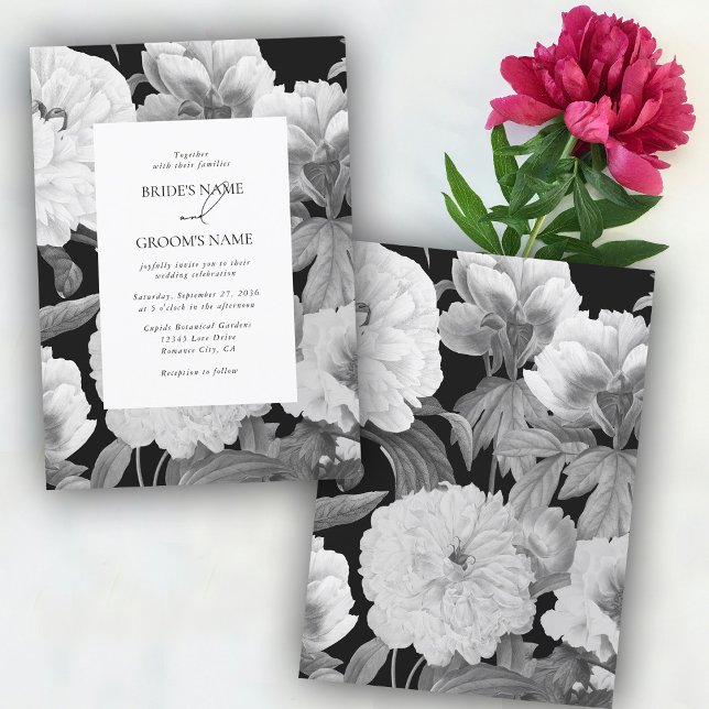 Black & White Peonies Watercolor Floral Wedding Invitation (Black & White Peonies Watercolor Floral Wedding Invitation)