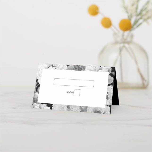 Black & White Peonies Watercolor Floral Wedding Place Card (Front)