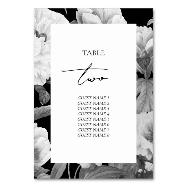 Black & White Peonies Watercolor Floral Wedding Table Number (Front)