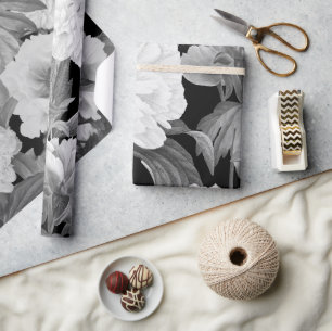 Black & White Peonies Watercolor Floral Wrapping Paper