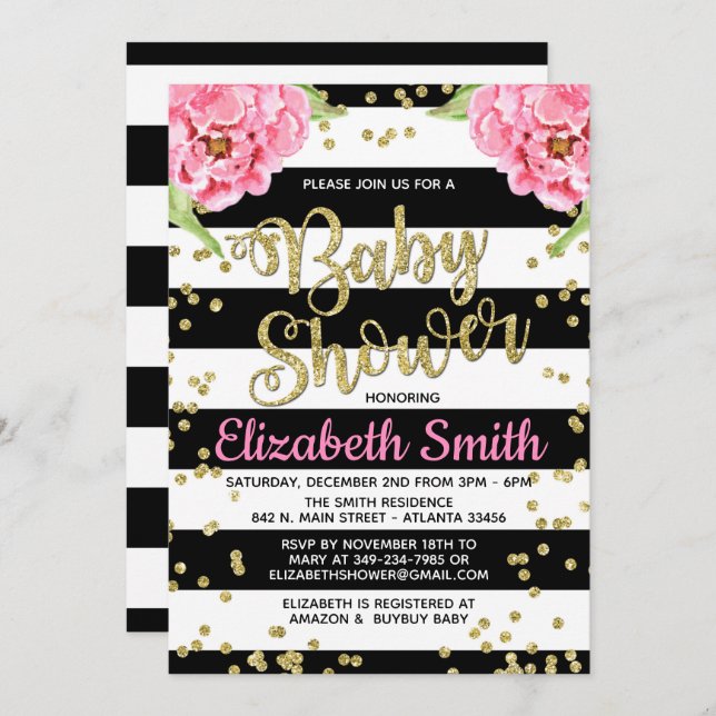 Black & White Peony Baby Shower Invitation (Front/Back)