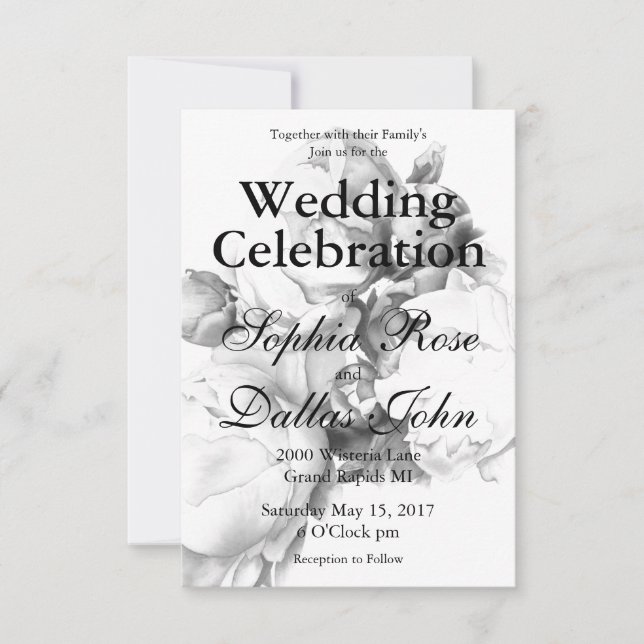 Black white peony elegant floral watercolor art  invitation (Front)