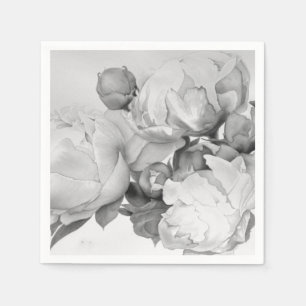 Black white peony elegant floral watercolor art  napkin