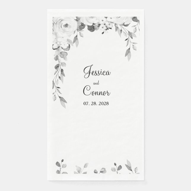 Black & White Peony Greenery Vine Wedding Napkin (Front)