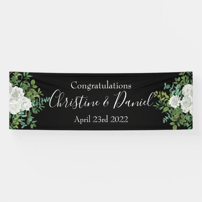 Black & White Peony & Rose Floral Wedding Banner (Horizontal)