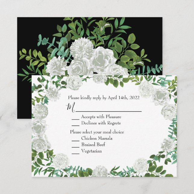 Black & White Peony Rose Invitation Reply Card (Front/Back)