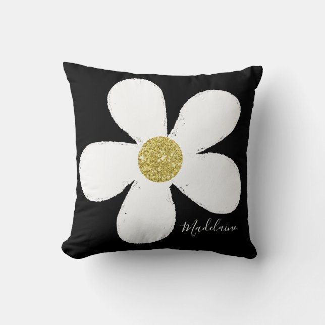 Black White Personal Simple Daisy Pattern Gold Throw Pillow (Front)
