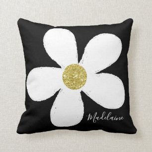 Black White Personal Simple Daisy Pattern Gold Throw Pillow
