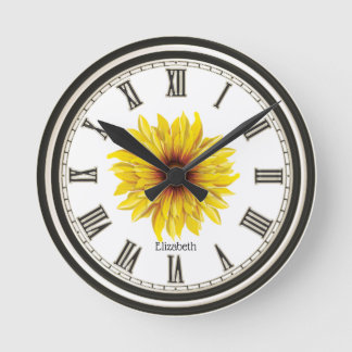Black White Personalized Beautiful Sunflower Round Clock