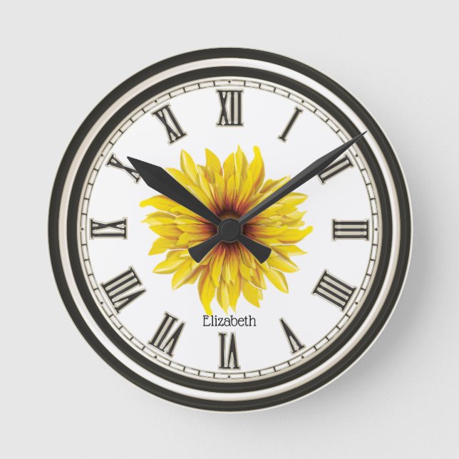 Black White Personalized Beautiful Sunflower   Round Clock (Front)