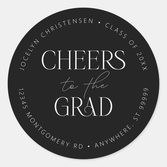 Black White Personalized Cheers to the Grad Classic Round Sticker (Front)