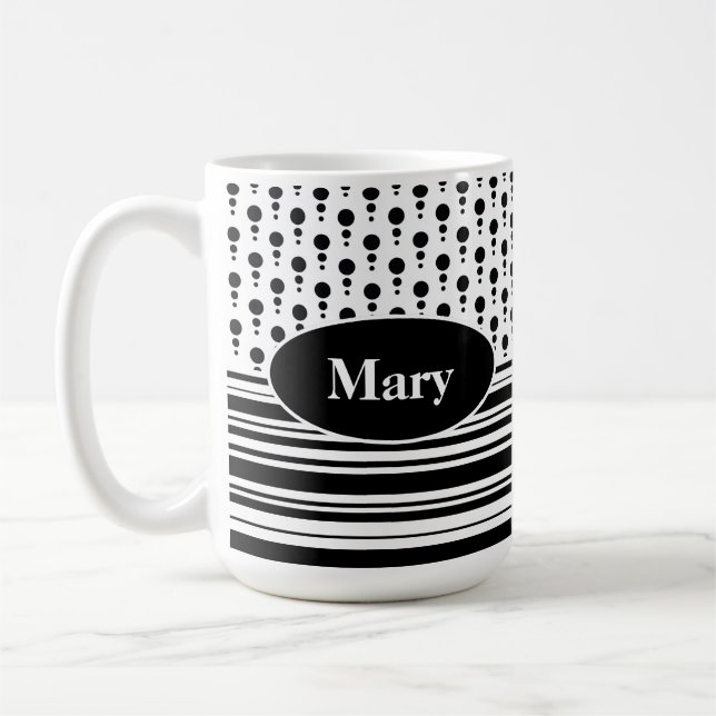 Black & White Personalized Dot Patterns & Stripes Coffee Mug (Left)