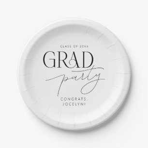 Black White Personalized Minimalist Grad Party Paper Plate