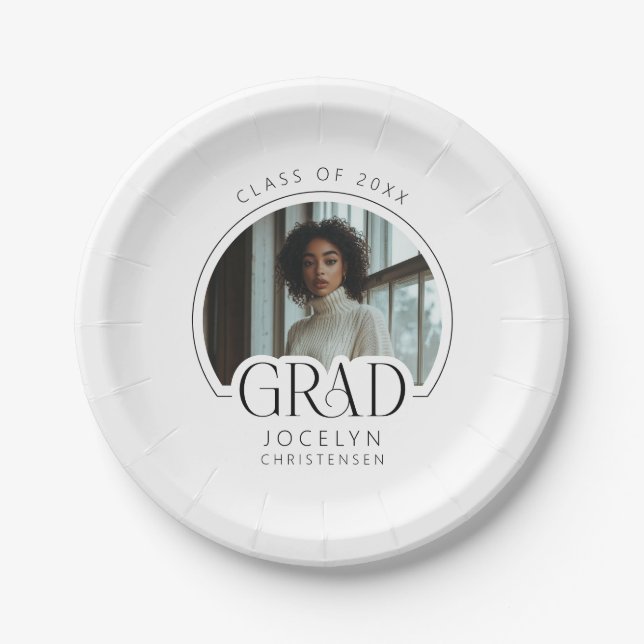 Black White Personalized Photo Grad Party Paper Plate (Front)