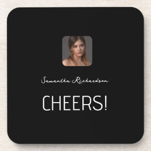 Black White Personalized Photo Name Script  Coaster