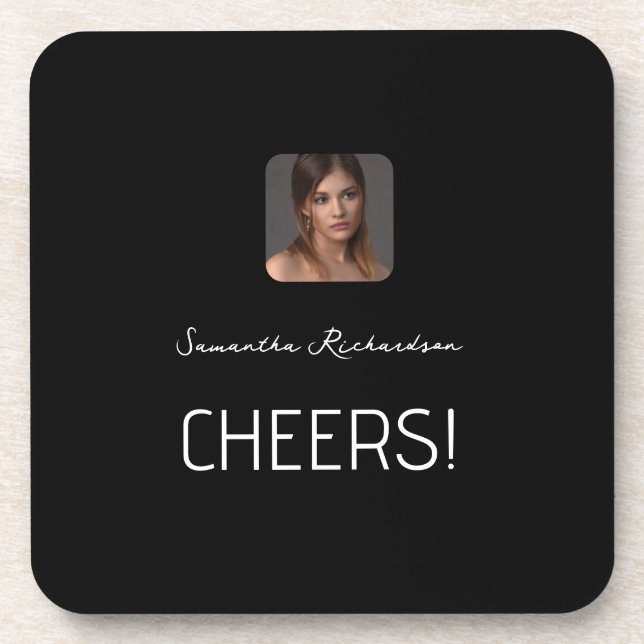 Black White Personalized Photo Name Script  Coaster (Front)