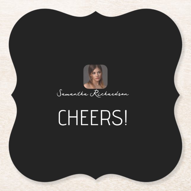 Black White Personalized Photo Name Script  Paper Coaster (Front)