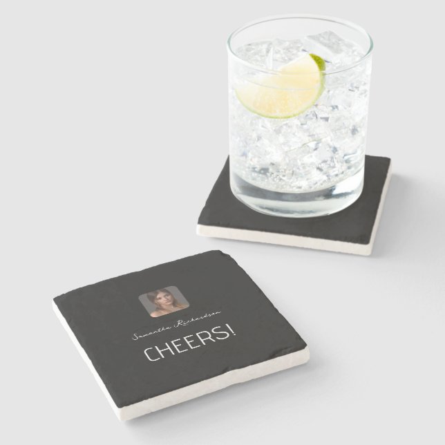 Black White Personalized Photo Name Script  Stone Coaster (Side)