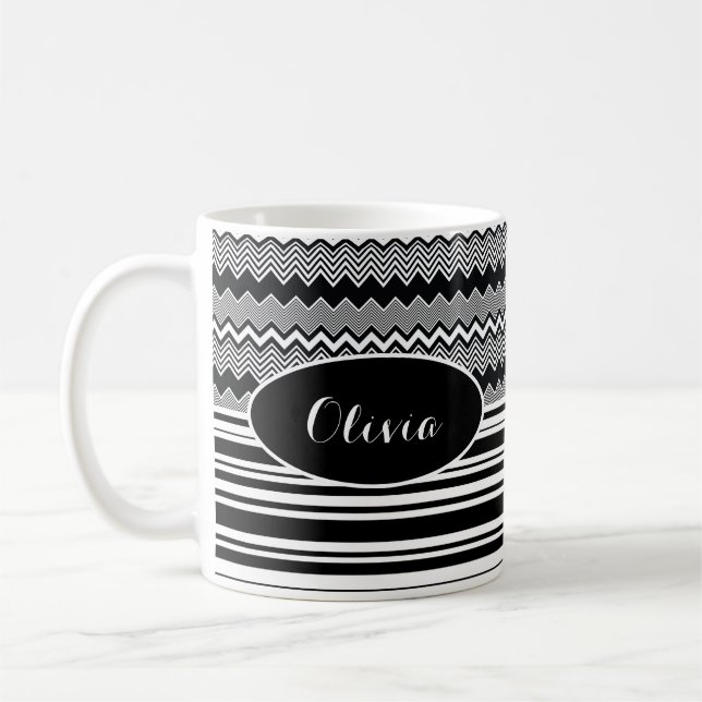 Black & White Personalized, Zig Zags and Stripes Coffee Mug (Left)