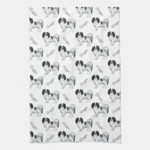 Black White Phalène Dog Pattern With Dog's Name Kitchen Towel