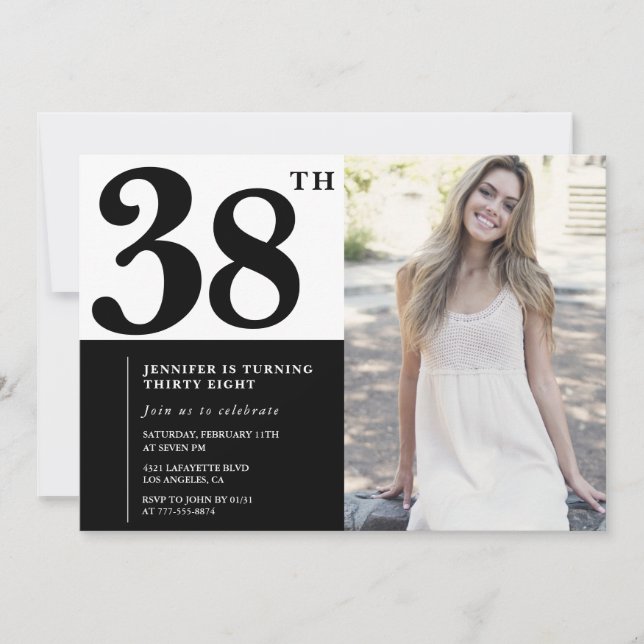 Black White Photo 38e anniversaire Invitations (Devant)