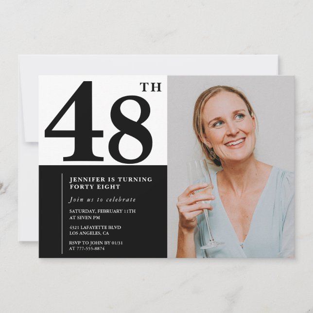 Black White Photo 48th Birthday Invitations (Front)