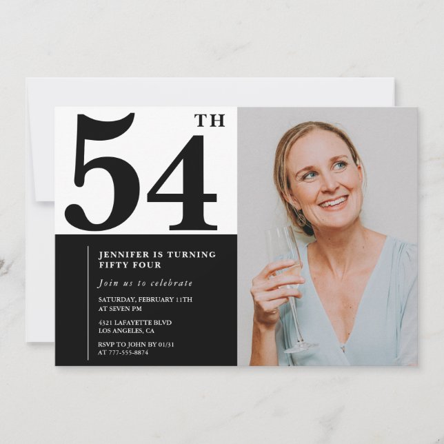 Black White Photo 54e anniversaire Invitations (Devant)