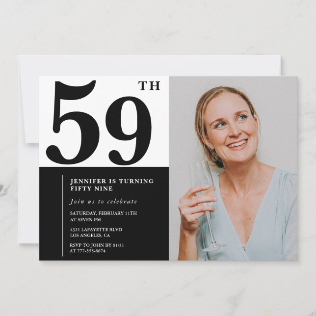 Black White Photo 59th Birthday Invitations (Front)