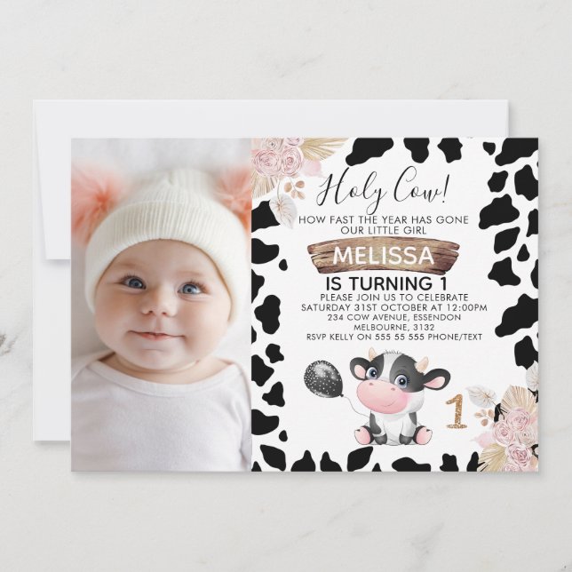 Black White Photo Boho Floral Holy Cow Birthday Invitation (Front)