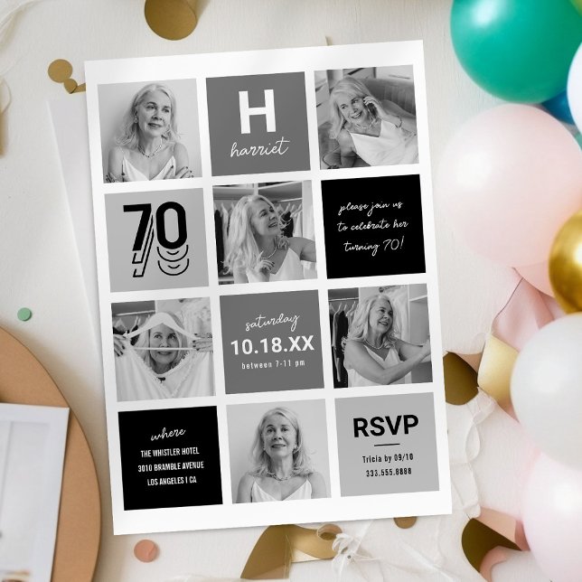 Black White Photo Collage 70th Birthday Invitation (Creator Uploaded)