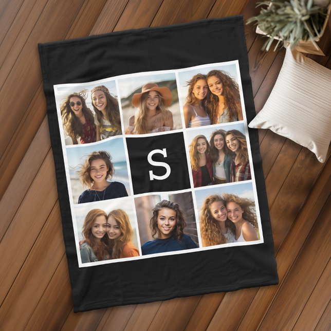 Black White Photo Collage Custom Monogram Fleece Blanket (Personalized fleece blanket with 8 photos and a monogram)